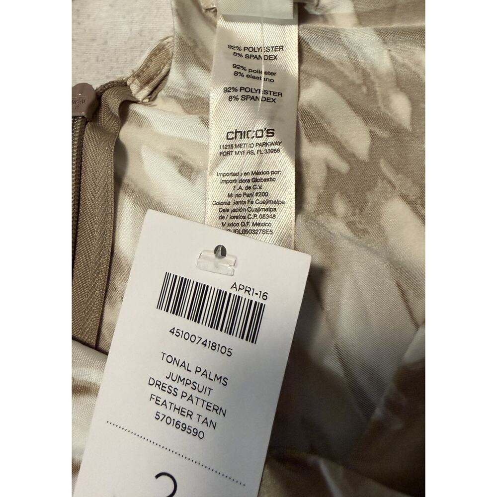 Chico's Palm Pattern Jumpsuit Wide-Leg Sleeveless Feather Tan Size 2 - Picture 3 of 14